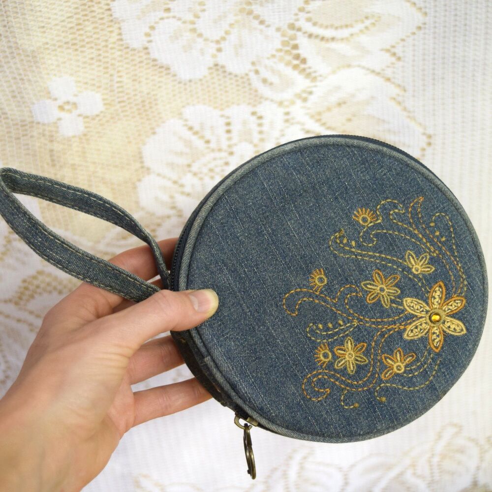 Y2K CD Case Purse Denim Embroidered Rhinestone Flowers 24 Disc Zipper Wrist Loop